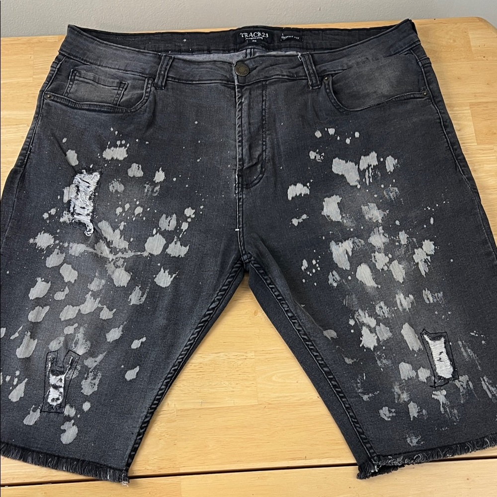 Black Paint-Splatter Jean Shorts Track 23 intelligent design
